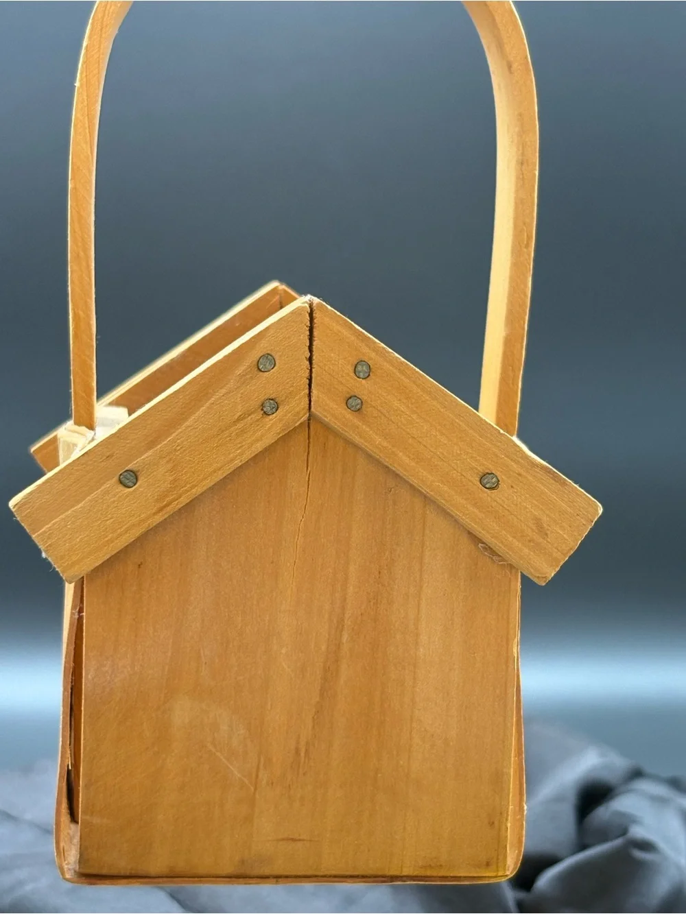 Rustic Brown Wooden House Shape Basket Tote w/ Handle 8x4x3 in Small